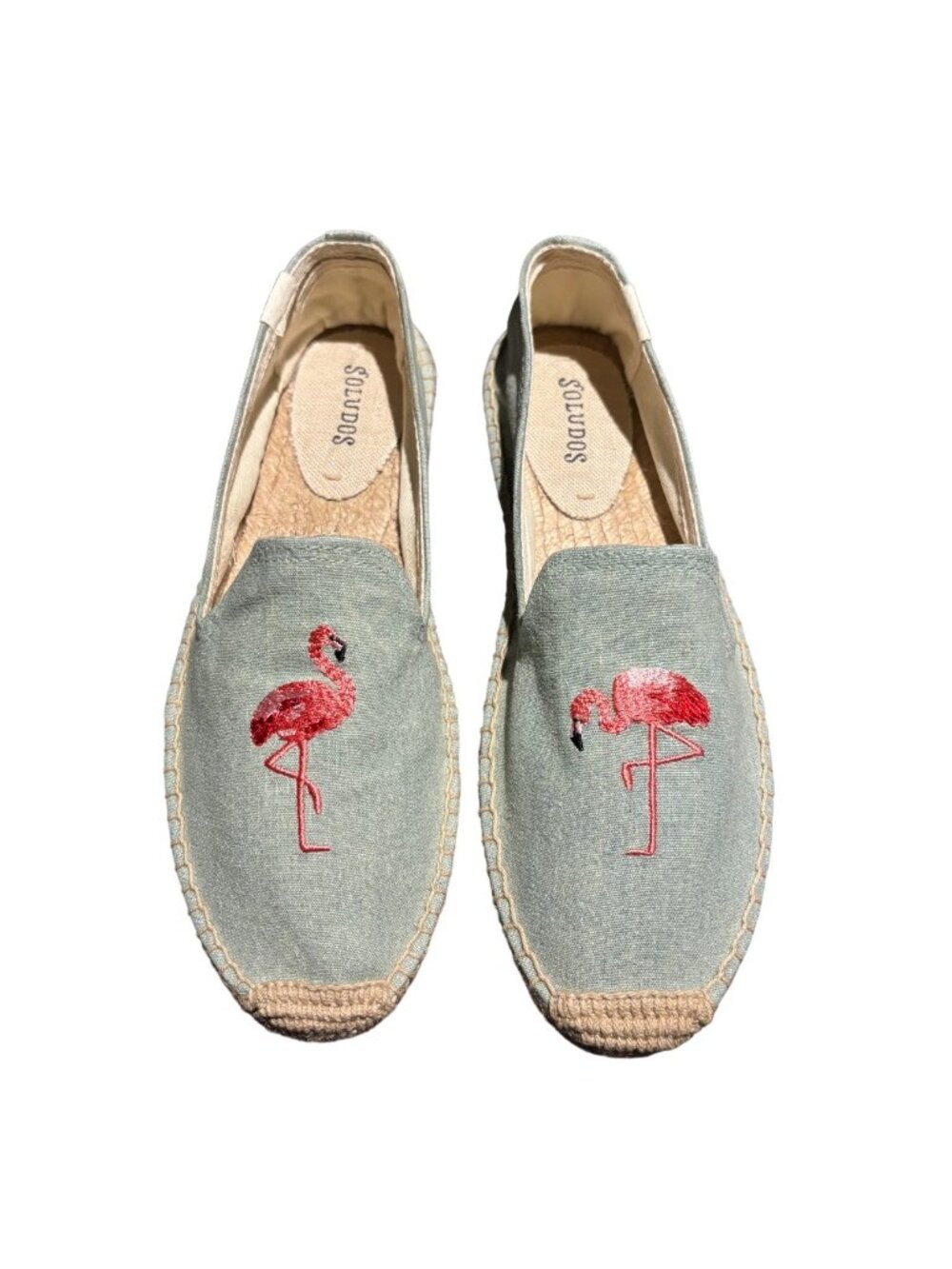 Soludos Flamingo Embroidered Chambray Espadrilles Size 8